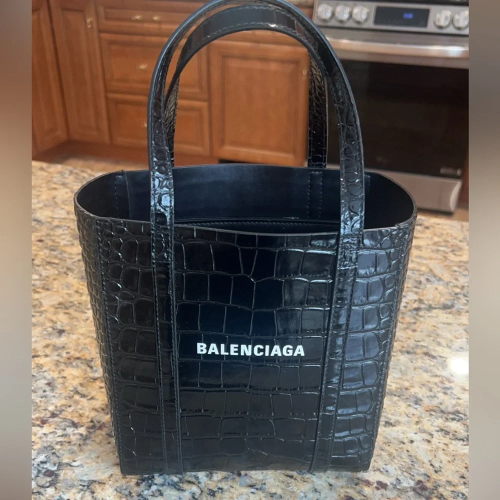 Authentic Balenciaga XXS Shopping Tote Black Croc-Embossed Leather